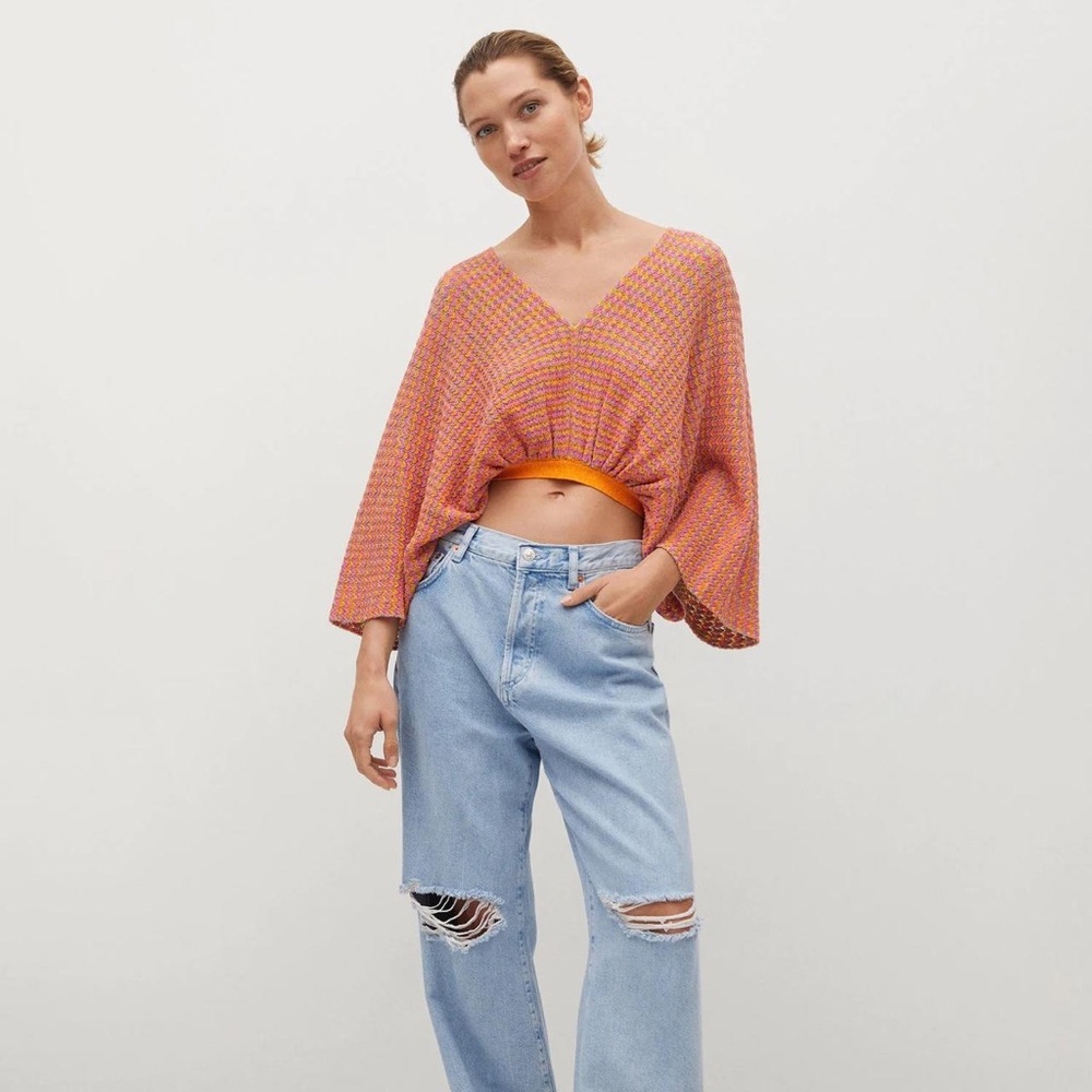 MANGO Combined Cropped Knit Top With Opening XL pink & orange - Picture 2 of 8